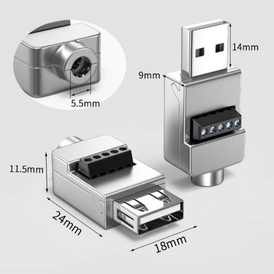 Caixa de metal USB Jack masculino ou feminino para blocos terminais de parafuso de 5 pinos Adaptador de conector