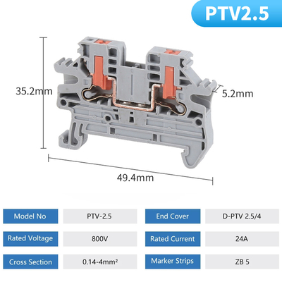 PTV 2.5 Side Entry Push-in Connection Spring Clamp DIN Rail Terminal Blocks Kit Conjunto 24A 800V