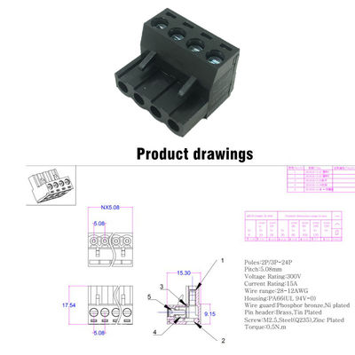 os blocos de terminais Pluggable do parafuso do PWB do passo de 5.08mm obstruem + ângulo direito Pin Header Black