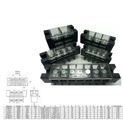 alimentação de 600V 40A 100A 75A 150A através de passo fixado na parede dos blocos de terminais 13.0mm 16.0mm 21.0mm 27.0mm da barreira