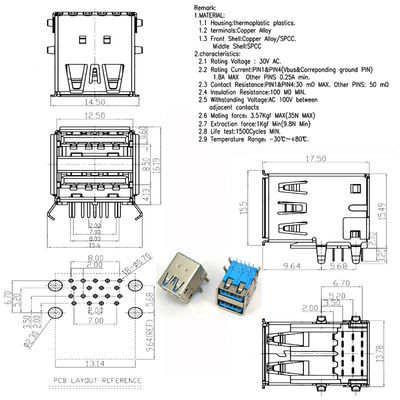 Único ou tipo portuário duplo conector fêmea de USB 3,0 da placa do PWB de Jack do soquete de A para o laptop do portátil