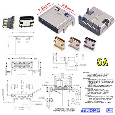 Tipo soquete fêmea 6P 9P 14P 16P 24P Jack Connector portuário de carregamento de USB 3,1 de C