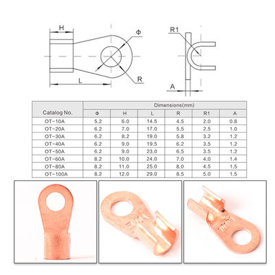o fio aberto do tambor 80pcs frisa o jogo de cobre OT 10A de Ring Lug Terminals Assortment Set a 100A
