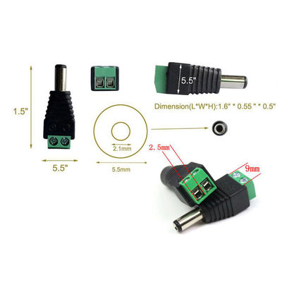 adaptador masculino da alimentação de DC de 5.5mm x de 2.1mm Jack para luzes de tira do diodo emissor de luz da câmera do CCTV