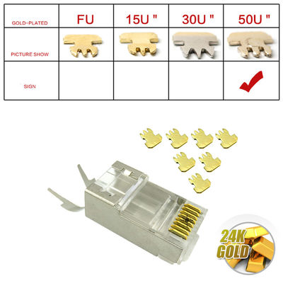 RJ45 as tomadas modulares Cat7 protegeram o ouro de duas partes do projeto 50u dos conectores 8P8C chapeado