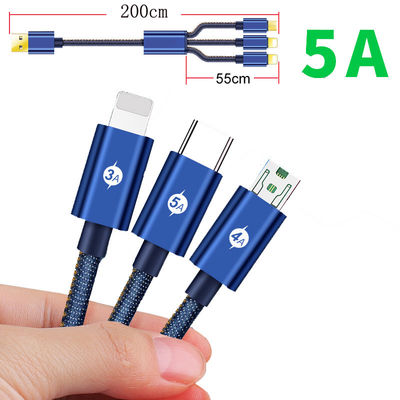 3-in-1 que o cabo rápido USB da carga datilografa o cabo da carga de 5 ampère dados de C trançou o cabo da tela