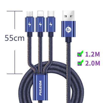 3-in-1 que o cabo rápido USB da carga datilografa o cabo da carga de 5 ampère dados de C trançou o cabo da tela