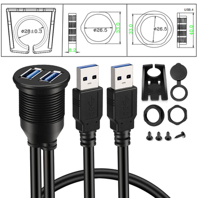 Homem portuário duplo do adaptador da doca de USB 3,0 nivelados da montagem do painel do painel do carro ao cabo de extensão fêmea